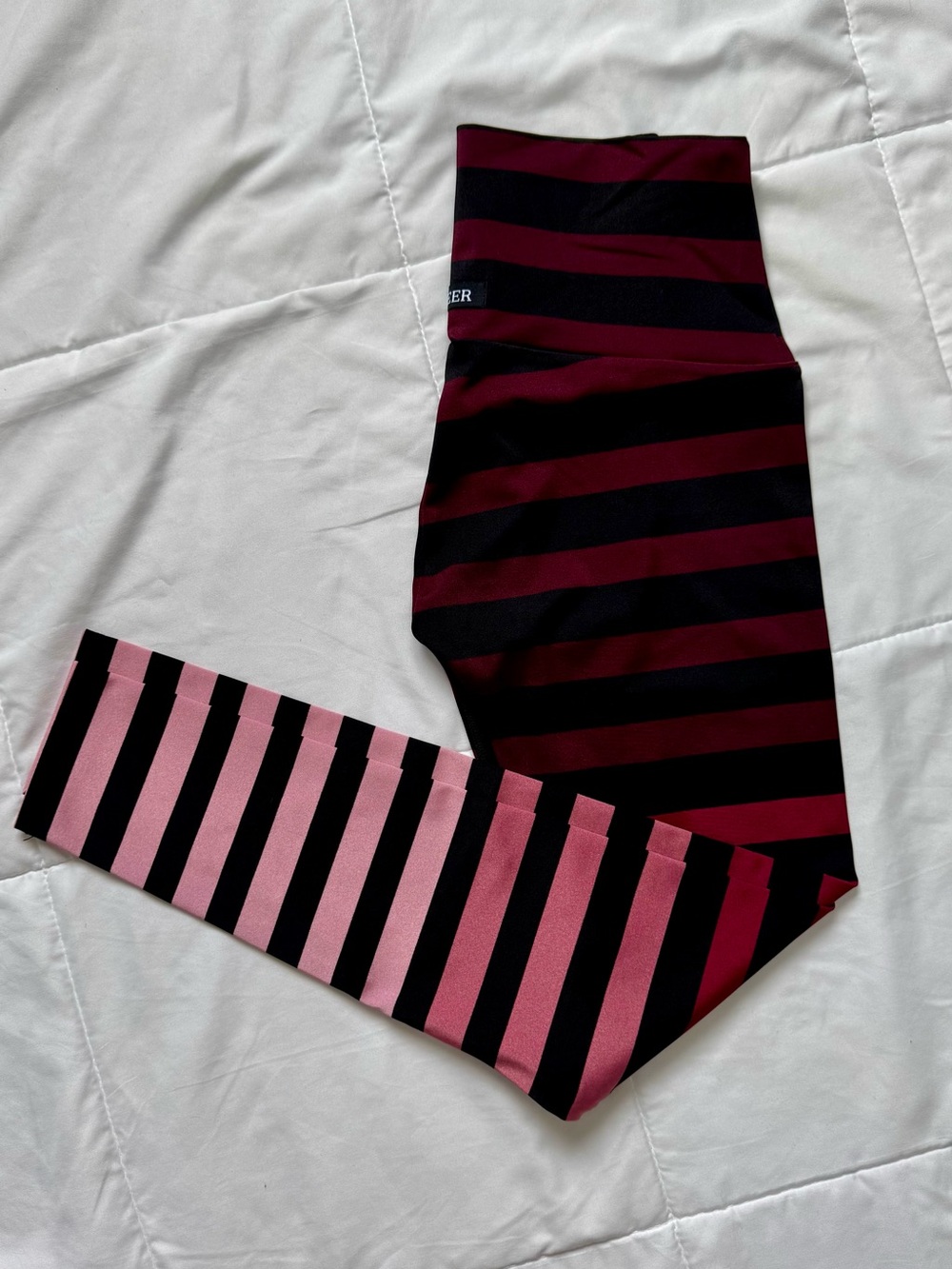 K-DEER Striped Sneaker Length Leggings in Pink and Burgundy